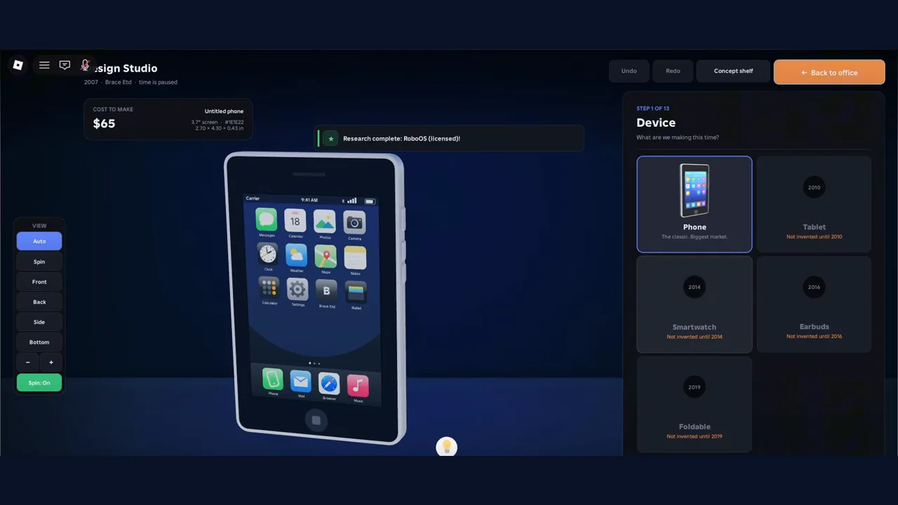 Build a Phone Empire Design Studio step 1 of 13 Device with Phone selected and Tablet, Smartwatch, Earbuds and Foldable greyed out as not invented until 2010, 2014, 2016 and 2019