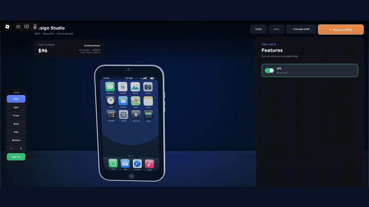 Build a Phone Empire Design Studio step 11 of 13 Features with the GPS toggle switched on at 4 dollars per unit and the text Turn on what you have researched