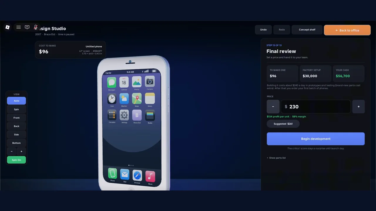 Build a Phone Empire Design Studio step 13 of 13 Final review showing 96 dollars to make one, 30,000 dollars factory setup, 56,700 dollars cash, a price of 230 dollars with 134 dollars profit per unit and a suggested price of 261 dollars