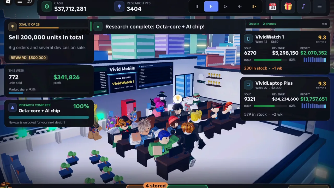 Build a Phone Empire HUD after research completes, showing Research complete for Octa-core plus AI chip, 3,404 research points and a note that new parts are unlocked for the next design